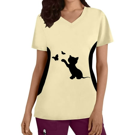 

TAIAOJING Women Scrubs Top Plus Size Top V Neck Short Sleeved Cats Prints T Shirt Blouse