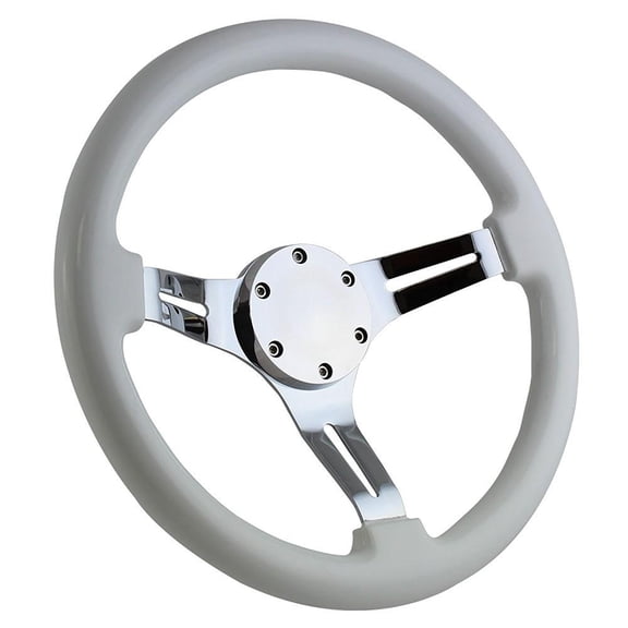 350mm Deep Dish Chrome Golf Cart Steering Wheel with White Grip and Horn Cover Plate