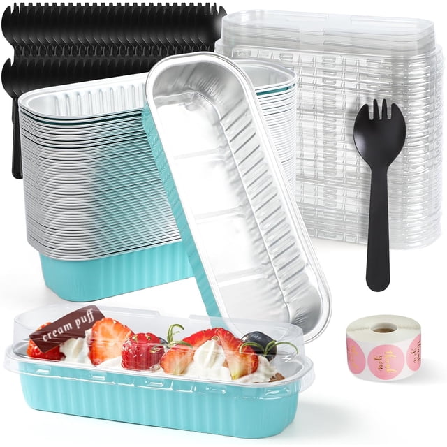 Juego de 50 Moldes para Hornear, Moldes Rectangulares de Aluminio de 200ml, Mini Moldes para Hornear Pan con Cucharas y Tapas, Moldes para Tartas para Magdalenas, Pastel, Minibrownie