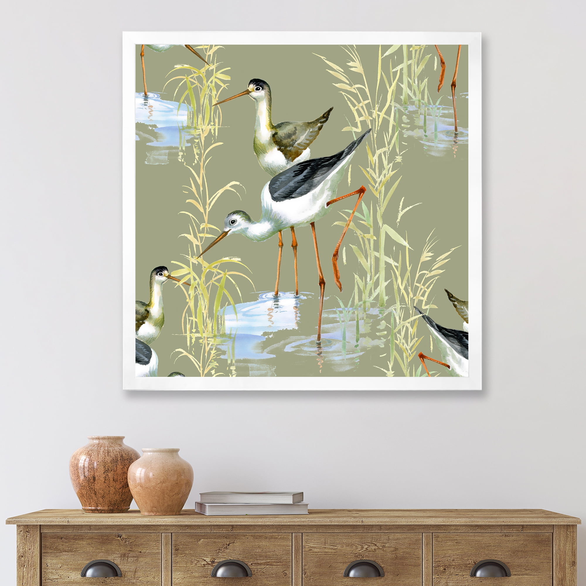 Designart 'Herons Birds In The Gray Water' Farmhouse Framed Art Print