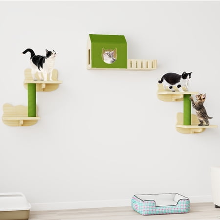Uforic Cat Wall Shelves and Perches, Wooden Wall-Mounted Cat Furniture Set of 8 with House, 4 Perches, 2 Sisal Posts & Pom-Pom Toy for Indoor, Green & Wood