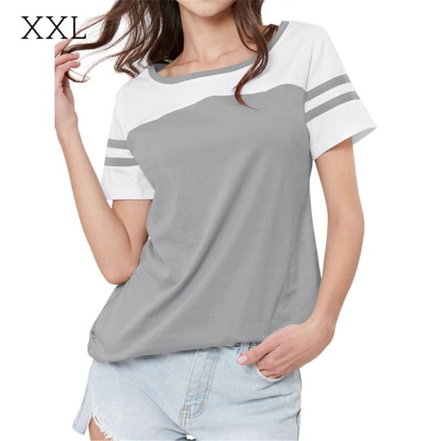 Camiseta de mujer Blusa de cuello redondo de manga corta con bloque de color a rayas, gris claro, XXL Sweethay AP001633-15