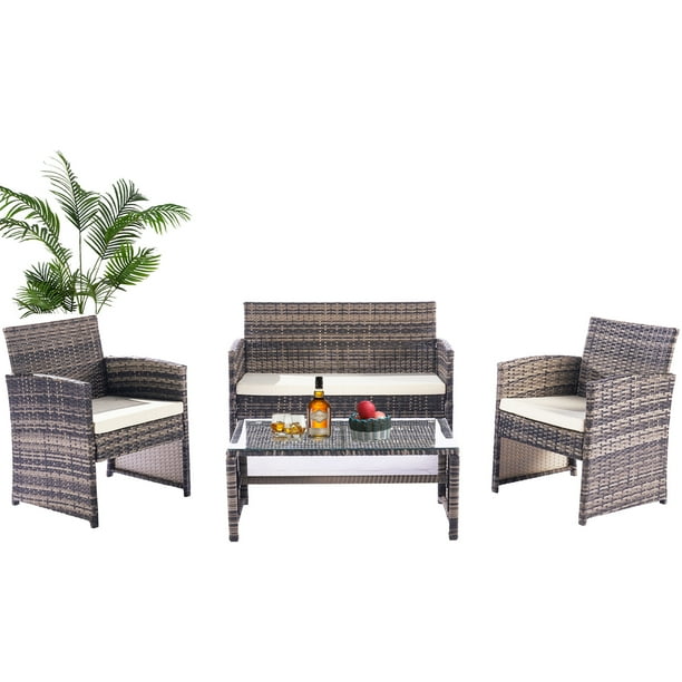 Outdoor Patio Furniture Set, Seizeen 4 Pieces Rattan Conversation Set
