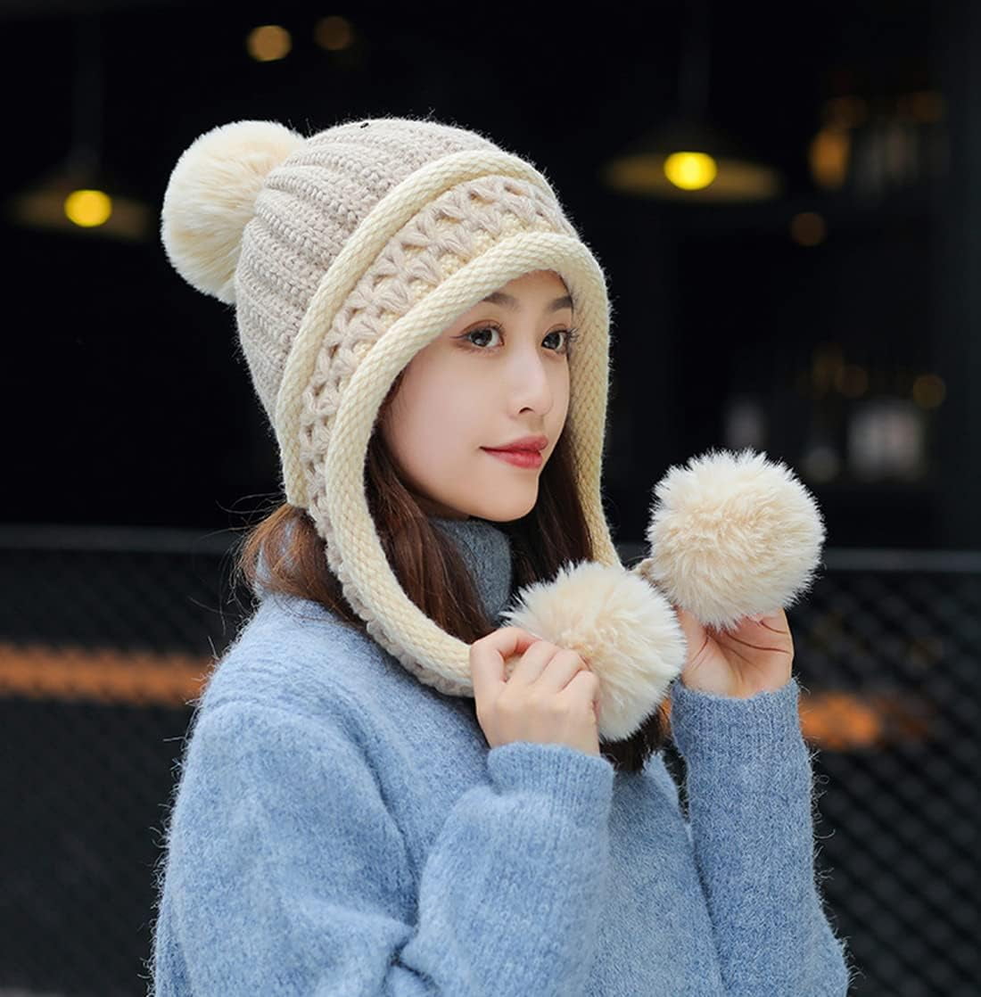 YooGuoGuo Women Winter Beanie Hat Earflap Peruvian Warm Slouchy Fleece Lined 3 Pom Poms Knit Sherpa Fluffy Soft Ski Hats
