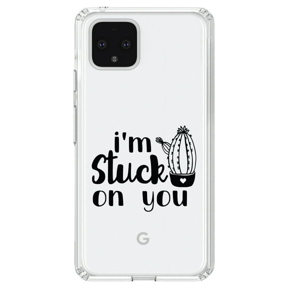 DistinctInk Clear Shockproof Hybrid Case for Google Pixel 4 XL (6.3" Screen) - TPU Bumper Acrylic Back Tempered Glass Screen Protector - I'm Stuck On You Cactus