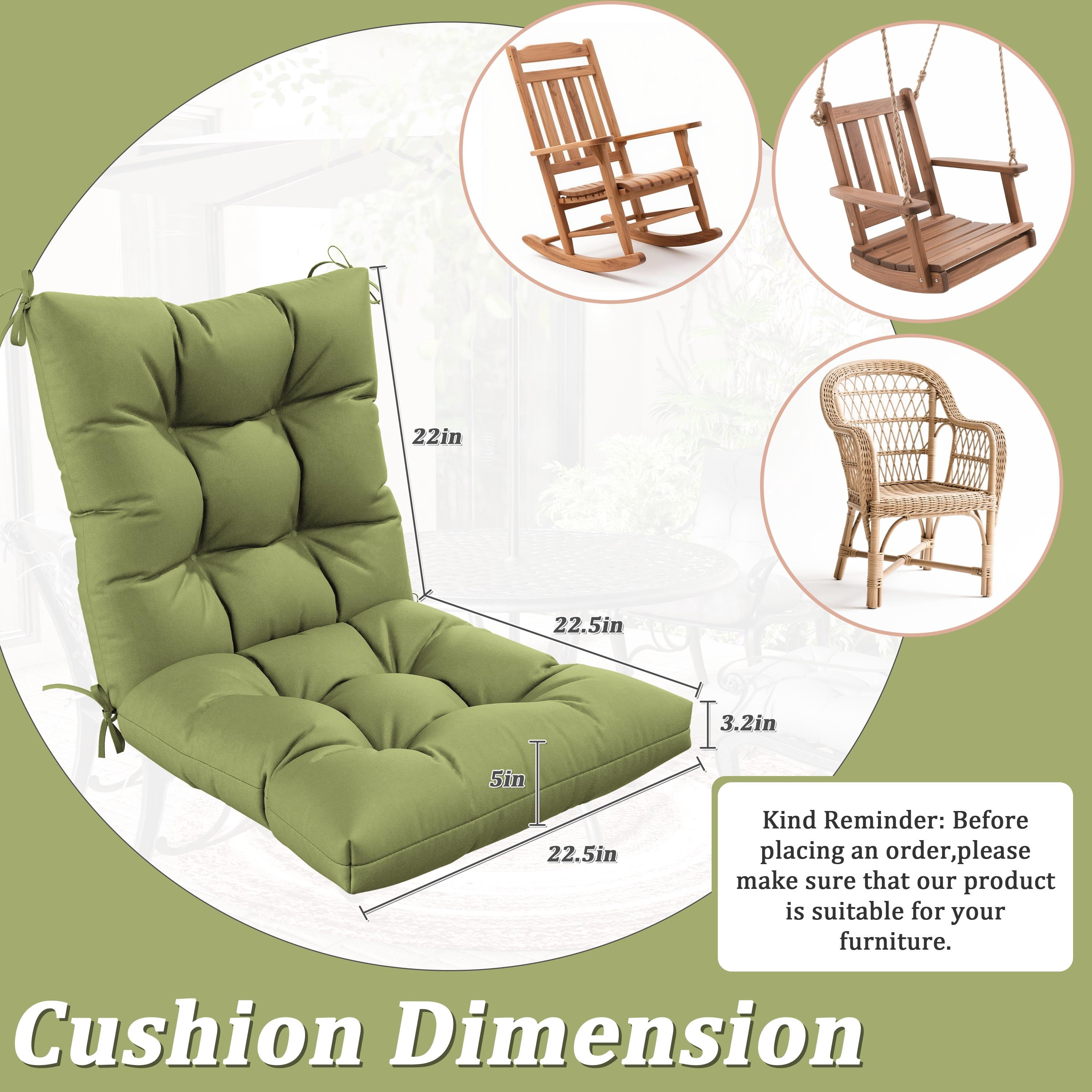 Snubbull Swing Cushions Set of 2, 42" × 21" × 5" Waterproof Rocking Chair Cushions with Ties for Outdoor Indoor Single Seat Cushions, Light Green