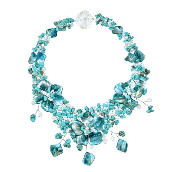 Intricate Blue Turquoise Bouquet and Freshwater Pearls Statement Necklace