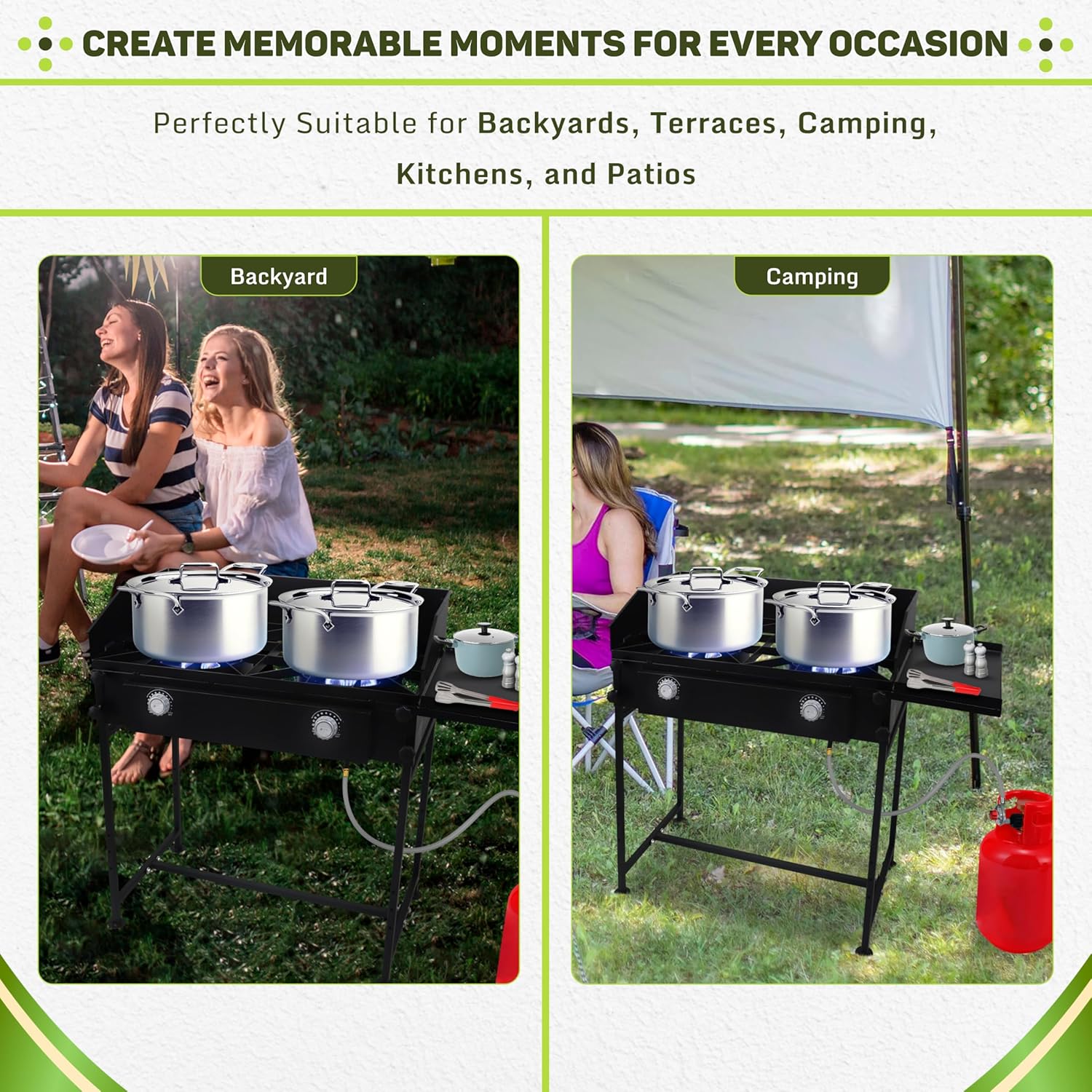 SONRET - Double Burner Propane Outdoor Camping Stove - with Side Shelf & Wind Panel