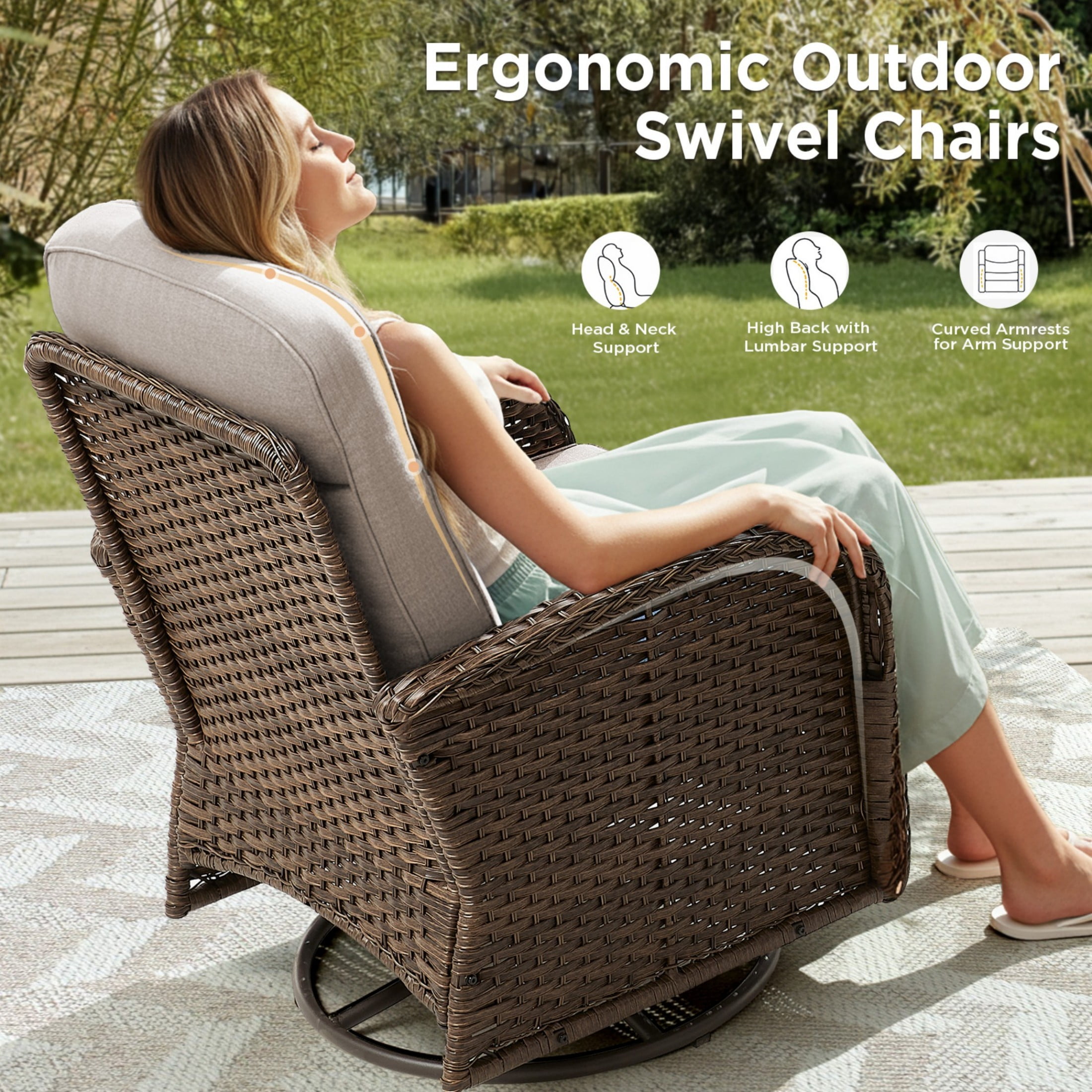 Unnifurnzi 5 Pieces Patio Furniture Set-6'' Thick Cushions Outdoor Furniture with Swivel Rocker Chairs Outdoor Couch and Ottomans Wicker Patio Furniture for Deck Porch Garden Poolside-Brown/Beige