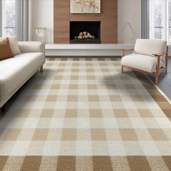 ODIKA 8'x10' Washable Area Rug Non-Shedding, Easy Care, Nursey Checkered Plaid Gingham Farmhouse Border Neutral Nirsery for King Size Bedroom Under Bed, Master Suite