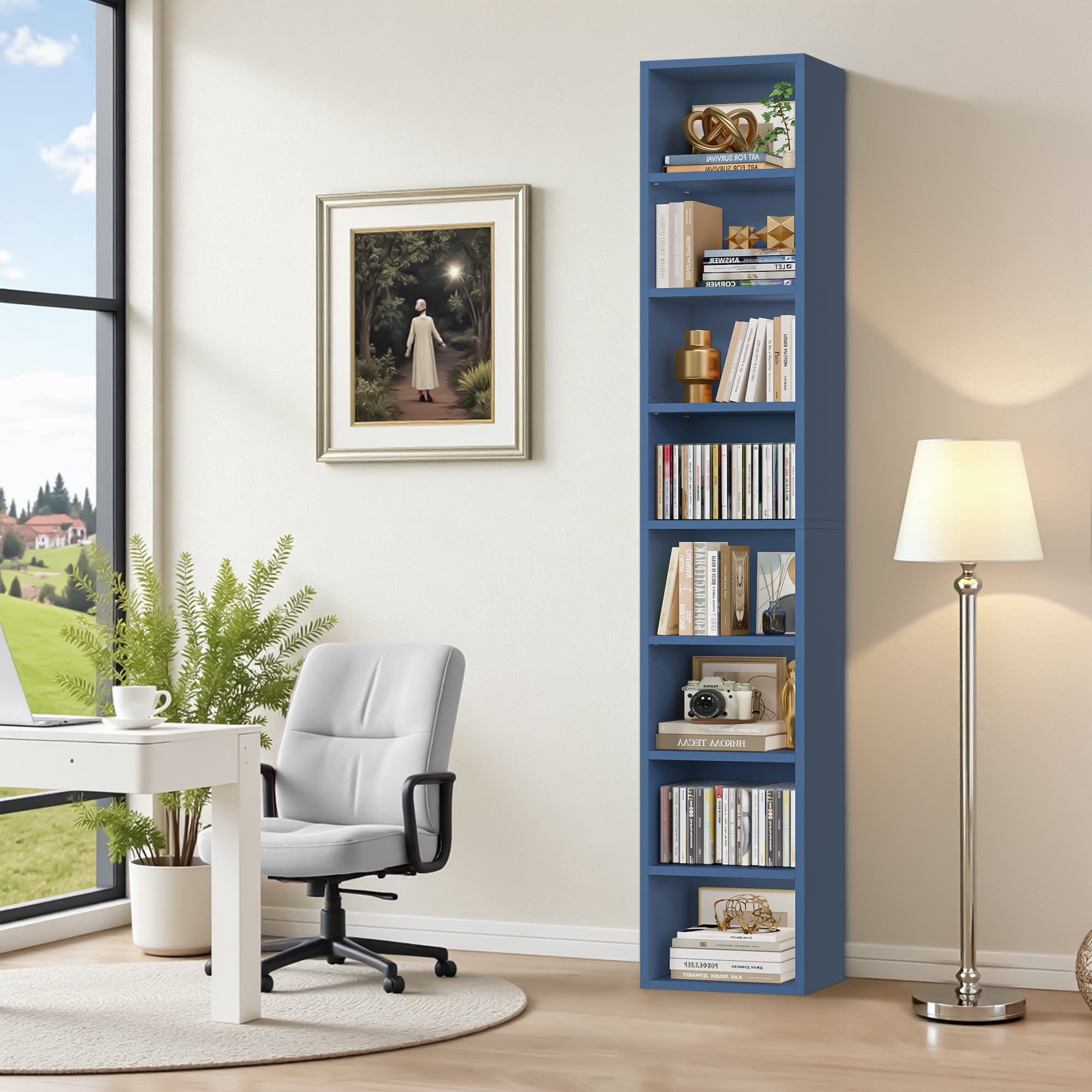Homfa 8-Tier Media Tower, CD DVD Media Storage Unit with 4 Adjustable Shelves for Living Room Bedroom, Blue