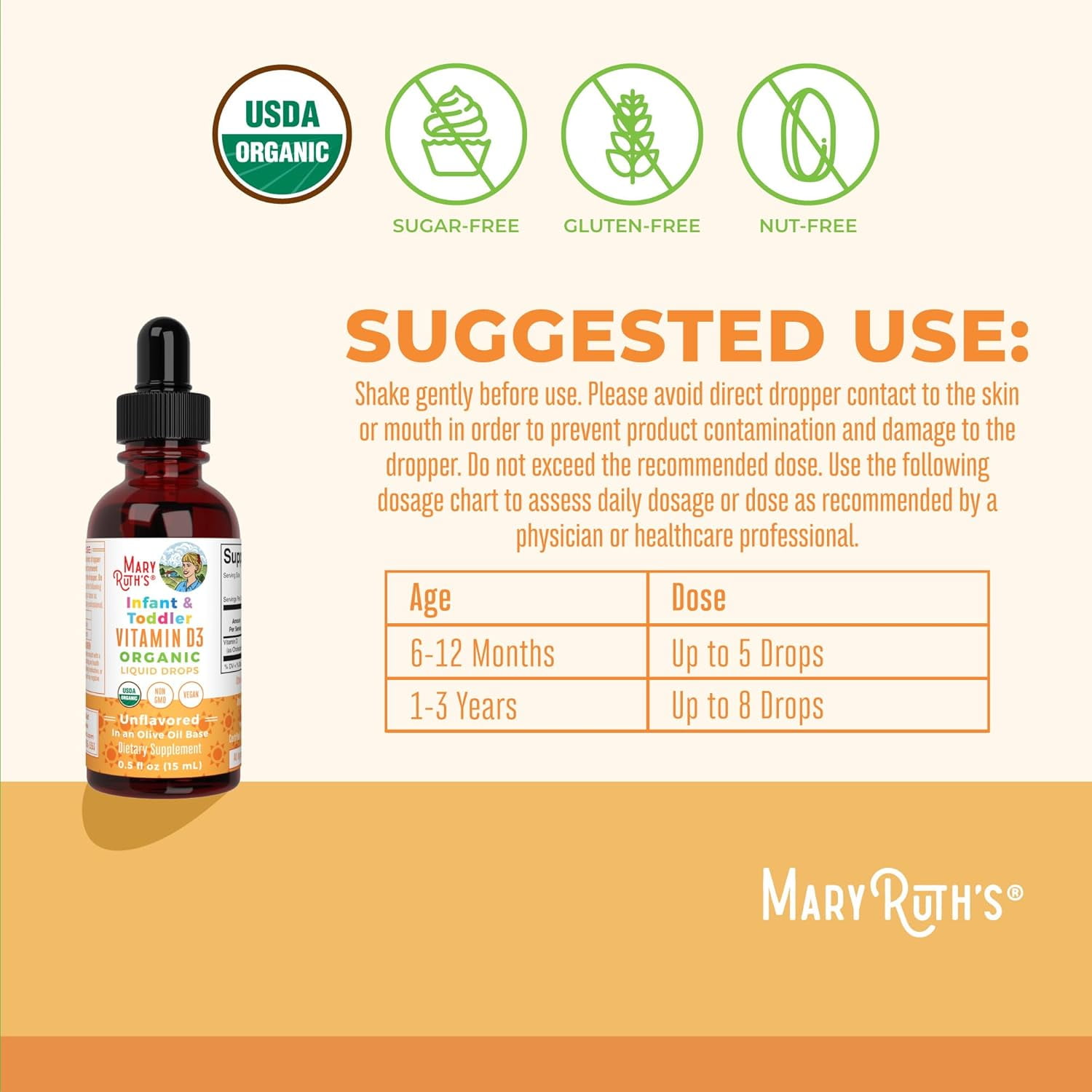 (2 pack) MaryRuth's Vitamin D3 Liquid Drops Supplement for Infant & Toddler, USDA Organic, Olive Oil Infused, Vegan, Gluten Free, Sugar Free, 0.5 fl oz