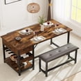 thumbnail image 1 of Dining Table Set for 4, Kitchen Dining Table Set with Upholstered Benches, Kitchen Dining Room Table with Storage Drawers & Wine Rack for Small Space, Retro Brown, 1 of 8