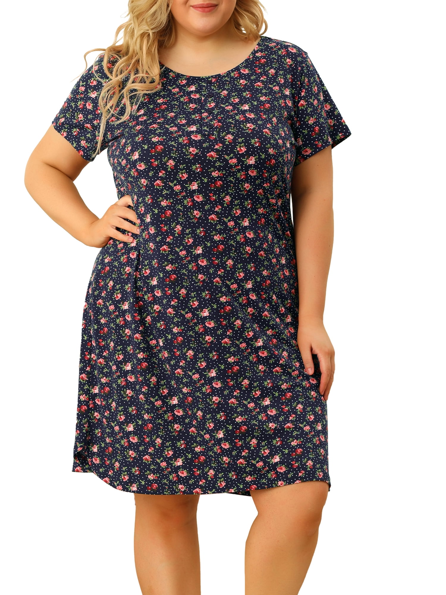 Unique Bargains Women's Plus Nightgown Pattern Short Sleeve Round Neck Sleepwear