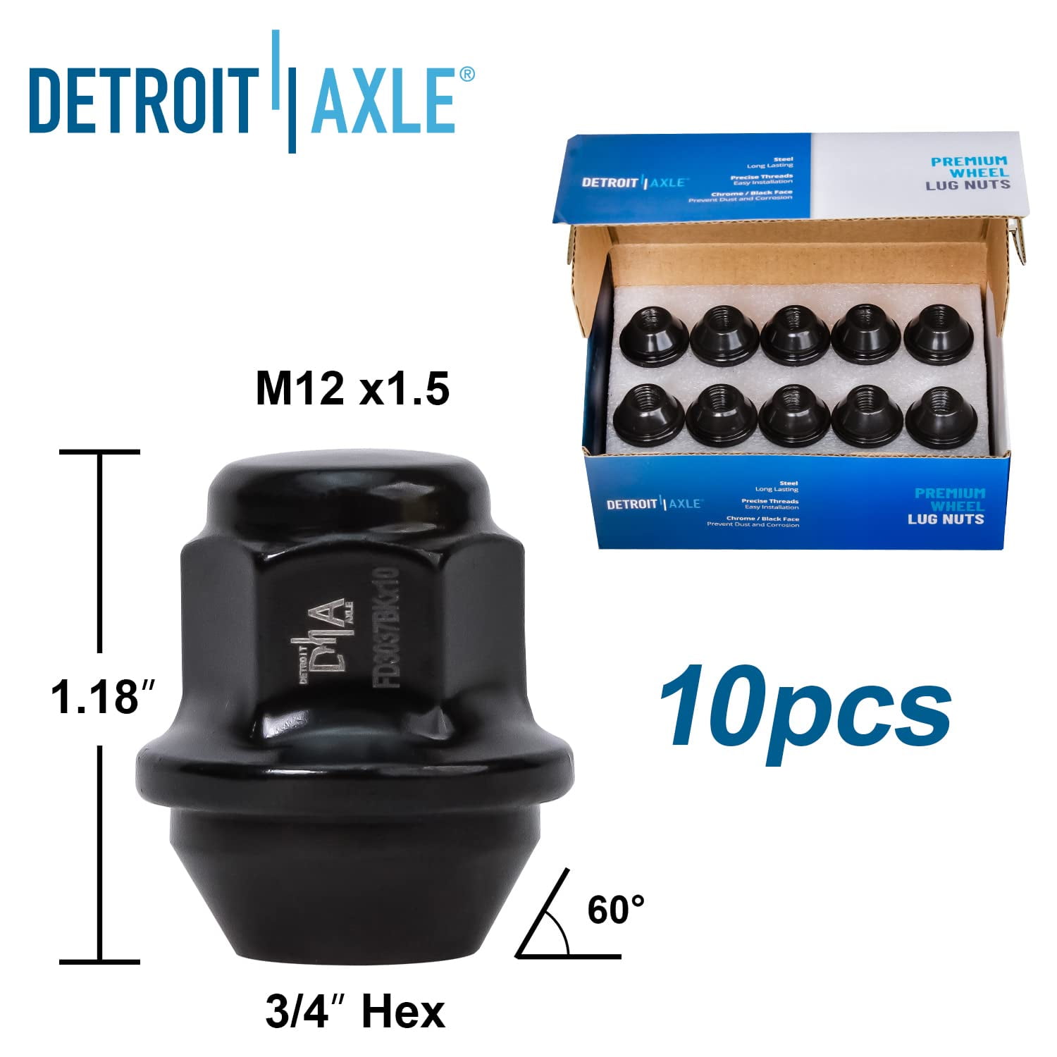 Detroit Axle - 12x1.5 Black Wheel Lug Nuts Replacement for Ford Fusion Lincoln MKZ - 20pc Set