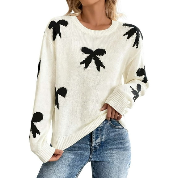 GBSYEWXS Women Sweater Crew Neck Bow Print Long Sleeve Fall Casual Beige Sweater