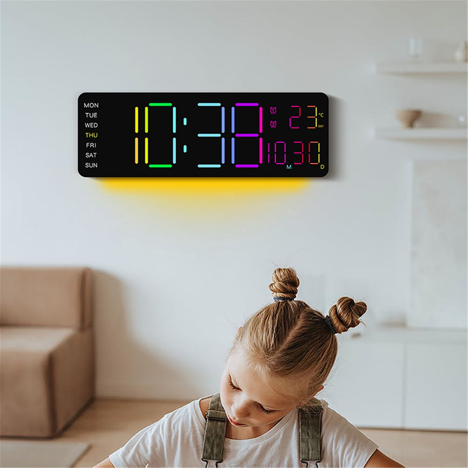 Contemporary Wall Mounted Digital Clock Automatic Brightness Control Show 12/24Hour Time Temperature Calendar Decors