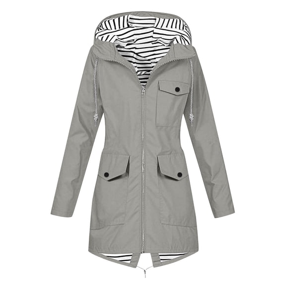 Womens Rain Coats Solid Color Waterproof Windproof Hooded Jacket Striped Outdoor Loose Outerwear with Pocket Gray XL