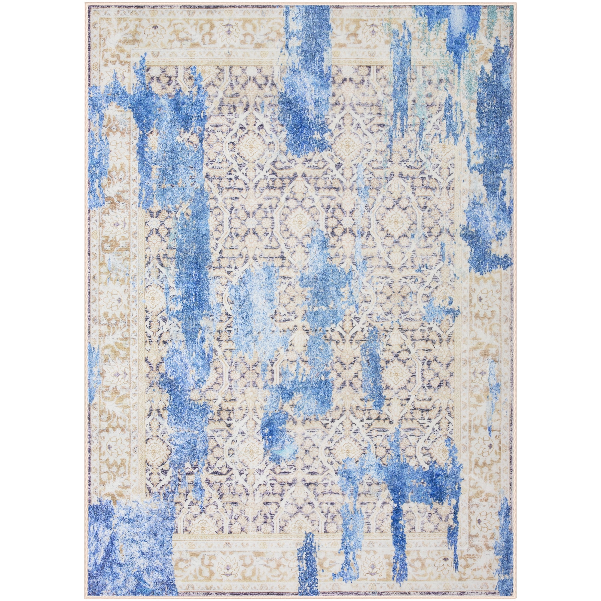 Wondo 8x10 Modern Abstract Area Rugs - Blue Low Pile Washable Carpet for Living Room, Bedroom, Nursery, Office, Kitchen - Non-Slip Stain Resistant Soft Rug for Indoor Use