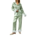 thumbnail image 2 of Blotona Women's Sleepwear Feather Decoration Long Sleeve Button-Down Lapel Collar Tops + Pants Pajamas Set, 2 of 8