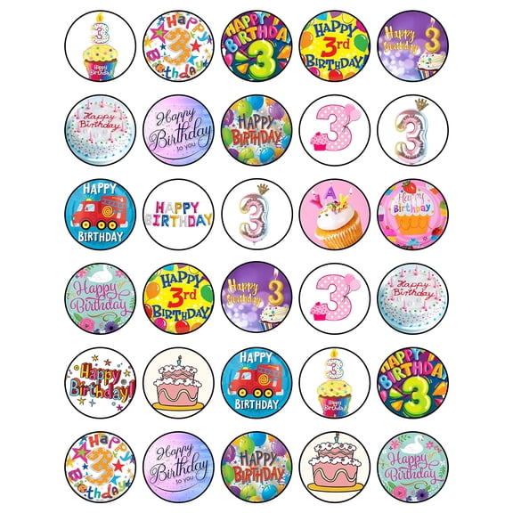 30x Edible Cupcake Toppers Themed of 3 RD Birthday Collection of Edible Cake Decorations | Uncut Edible on Wafer Sheet