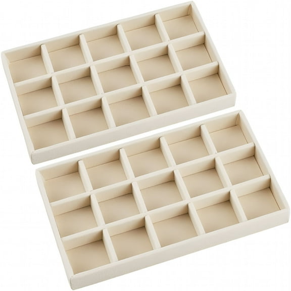 XIBUFE 2Pcs 5 x 8.3 Inch Stackable Jewelry Trays Earring Holder Organizer White 15 Grids Velvet Dresser Jewelry Drawer with Removable Divider for Bracelet Ring Watch Trinket Display Showcase