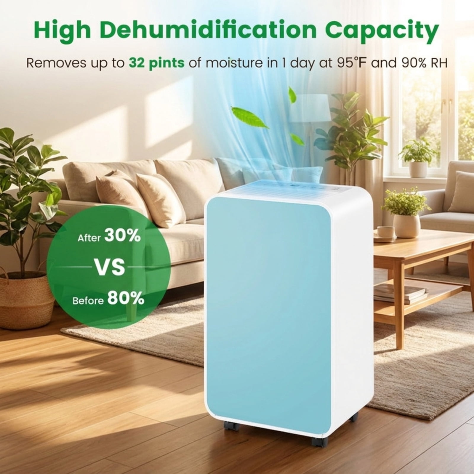 RUIE 32 Pint Dehumidifier for Home Basement Bedroom Bathroom, 2500 Sq Ft Dehumidifier with Drain Hose, 3 Modes, 24H Timer & Sleep Mode, Quiet 33dB Dehumidifier with Wheels, Blue