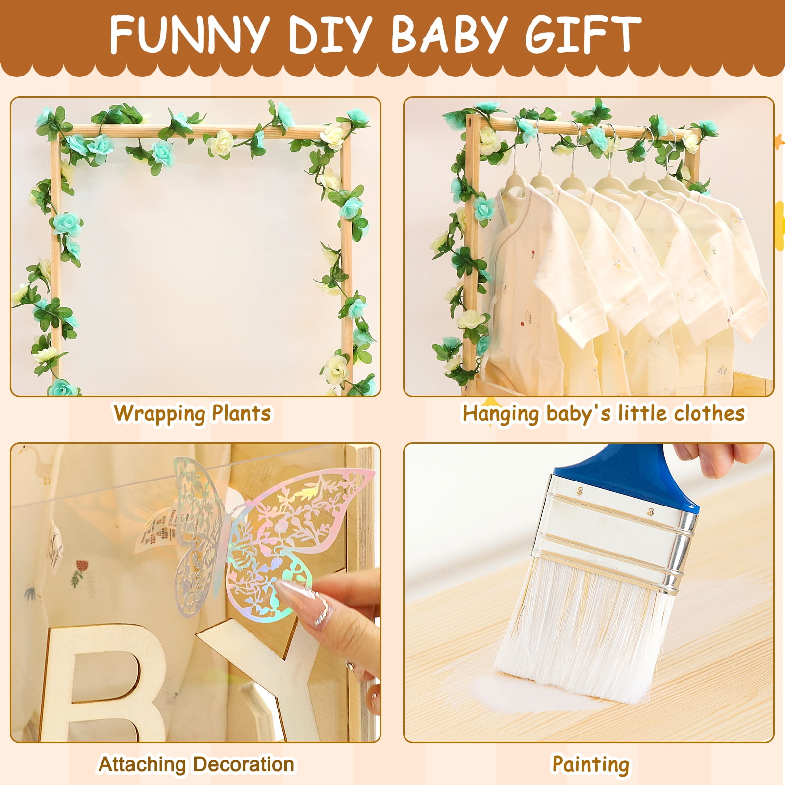Baby Shower Crate Closet with Acrylic Clear Front Panel, Wood Shower Basket with Handle, Perfect Storage Crate for New Baby Gift