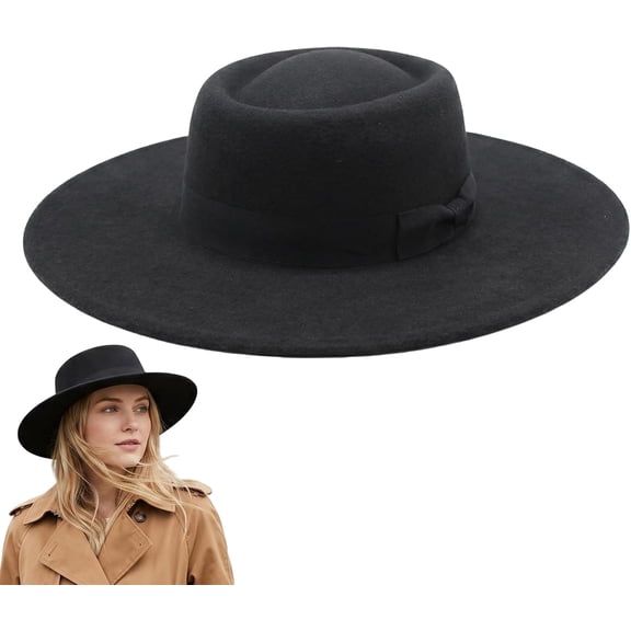 Mens Womens Vintage Wide Brim Fedora Hat Black Flat Top Felt Panama Cap with Bow Belt