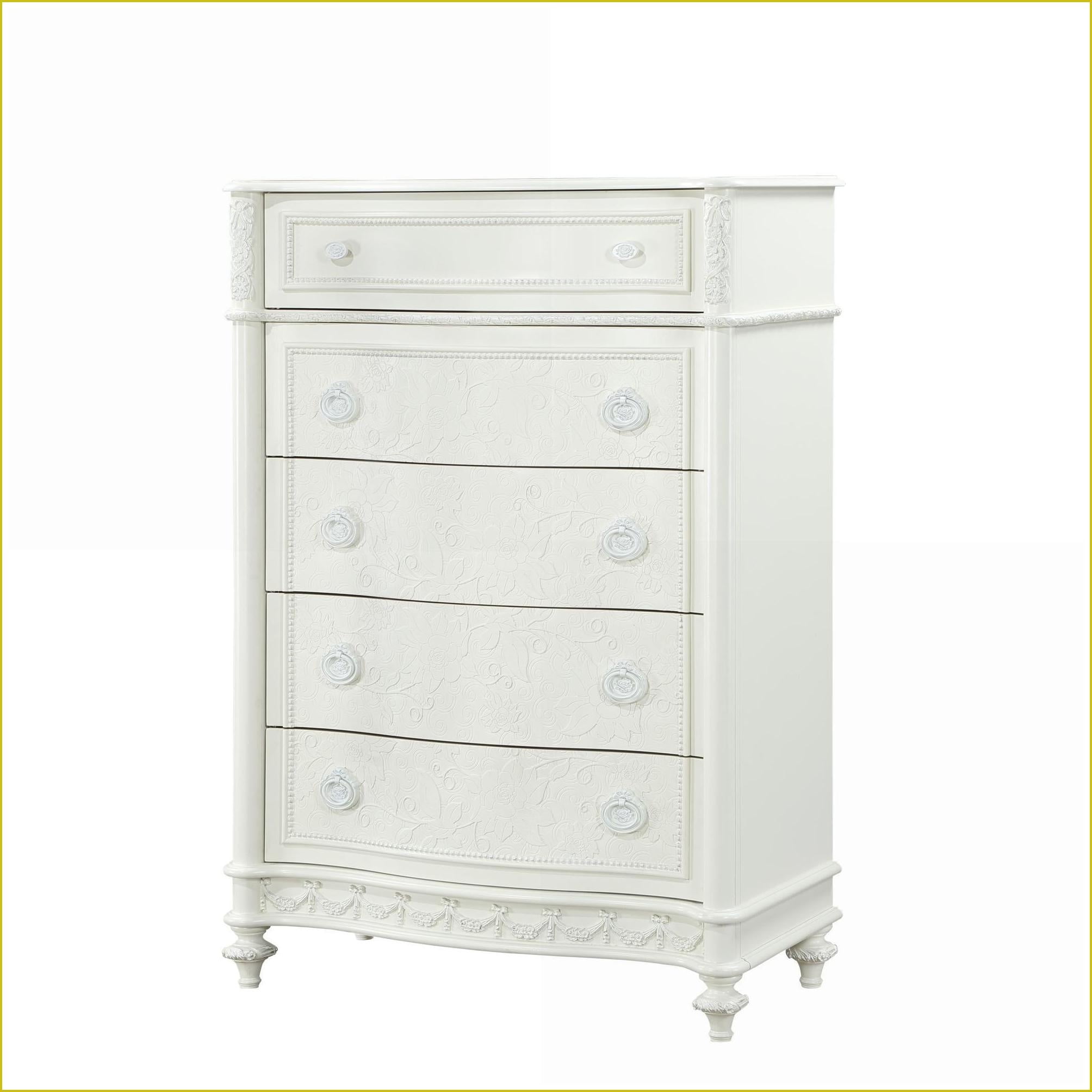 Chests & Wardrobes, Traditional 5-Drawer Ivory Pine Chest with Open Shelf | Ivory | Wood