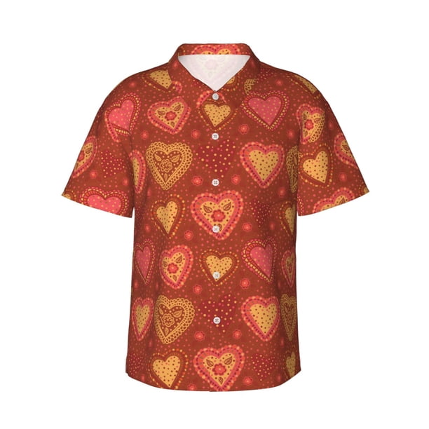 Fotbe Flower Hearts Camisa Hawaiana para Hombre Unisex – Camisa Casual de Verano con Botones de Manga Corta de Algodón y Lino,Large