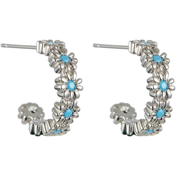 Daisy Flower Stud Earrings for Women Sterling Silver Post Blue Turquoise Little Floral Half Hoop Earrings Fashion Ear Jewelry Hypoallergenic