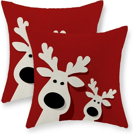 

Christmas Pillow Covers 16x16 Set of 2 Cute Elk Deer Decorative Winter Throw Pillows Linen Red Christmas Cushion Pillow Covers Christmas Decorations for Home Sofa Couch Outdoor