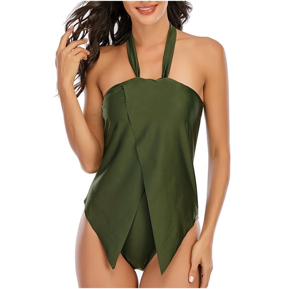 Dihao One Piece Swimsuit for Women Clearance Plus Size Ladies Solid Skirt Style Lanyard Lacing Conservative Bathing Suit On Promotion