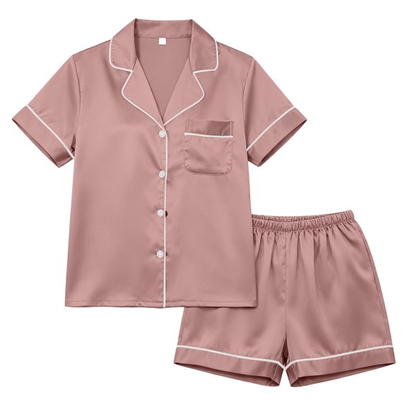 MEZZALL Women Cozy Pajama Sets Solid Color Sleepwear Short Sleeve Lapel Button Shirts Blouse Tops With Shorts Nightwear