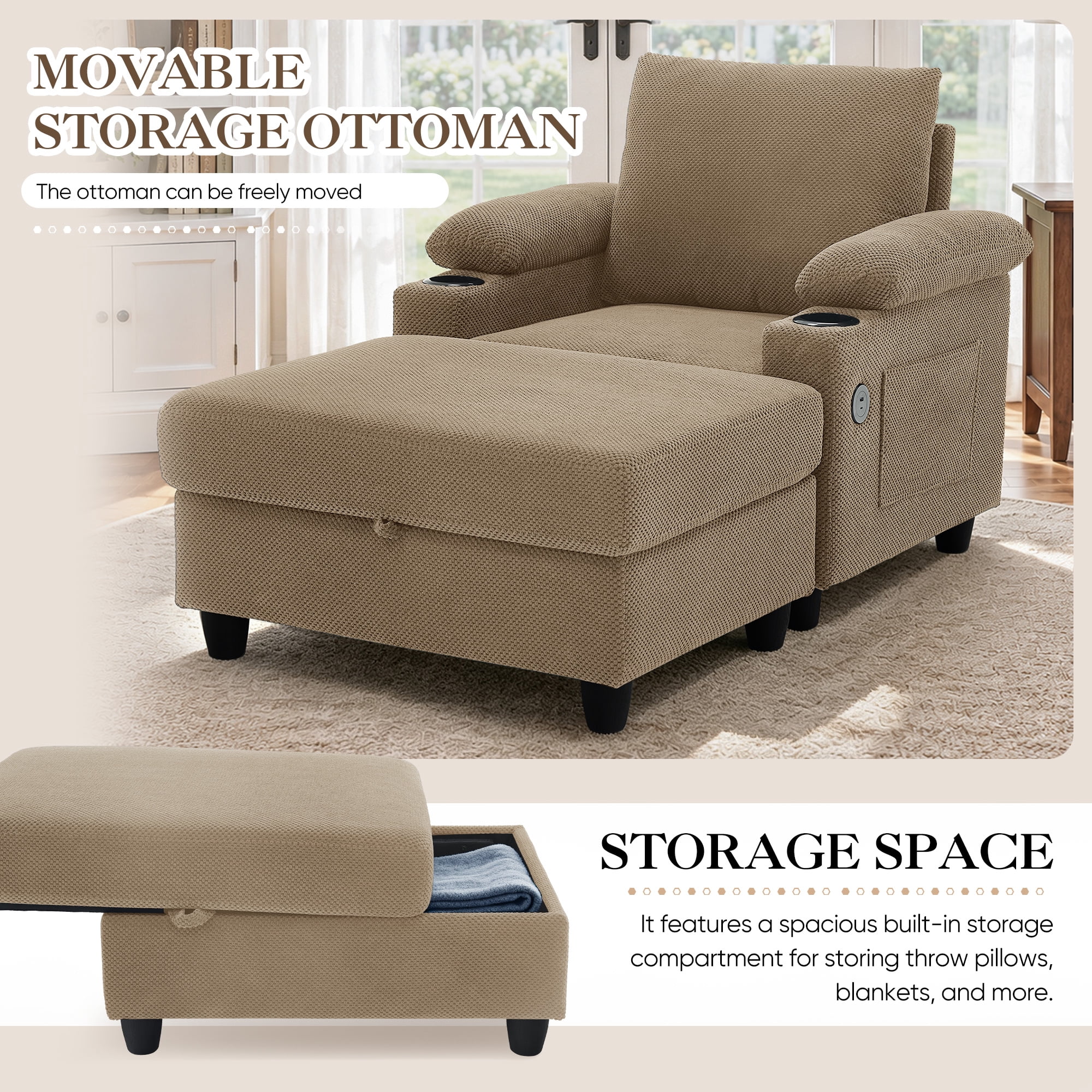 Lunale Accent Chair with Storage Ottoman & Adjustable Backrest, Chaise Lounge Chair Indoor with USB, Living Room Reading Armchair, Camel