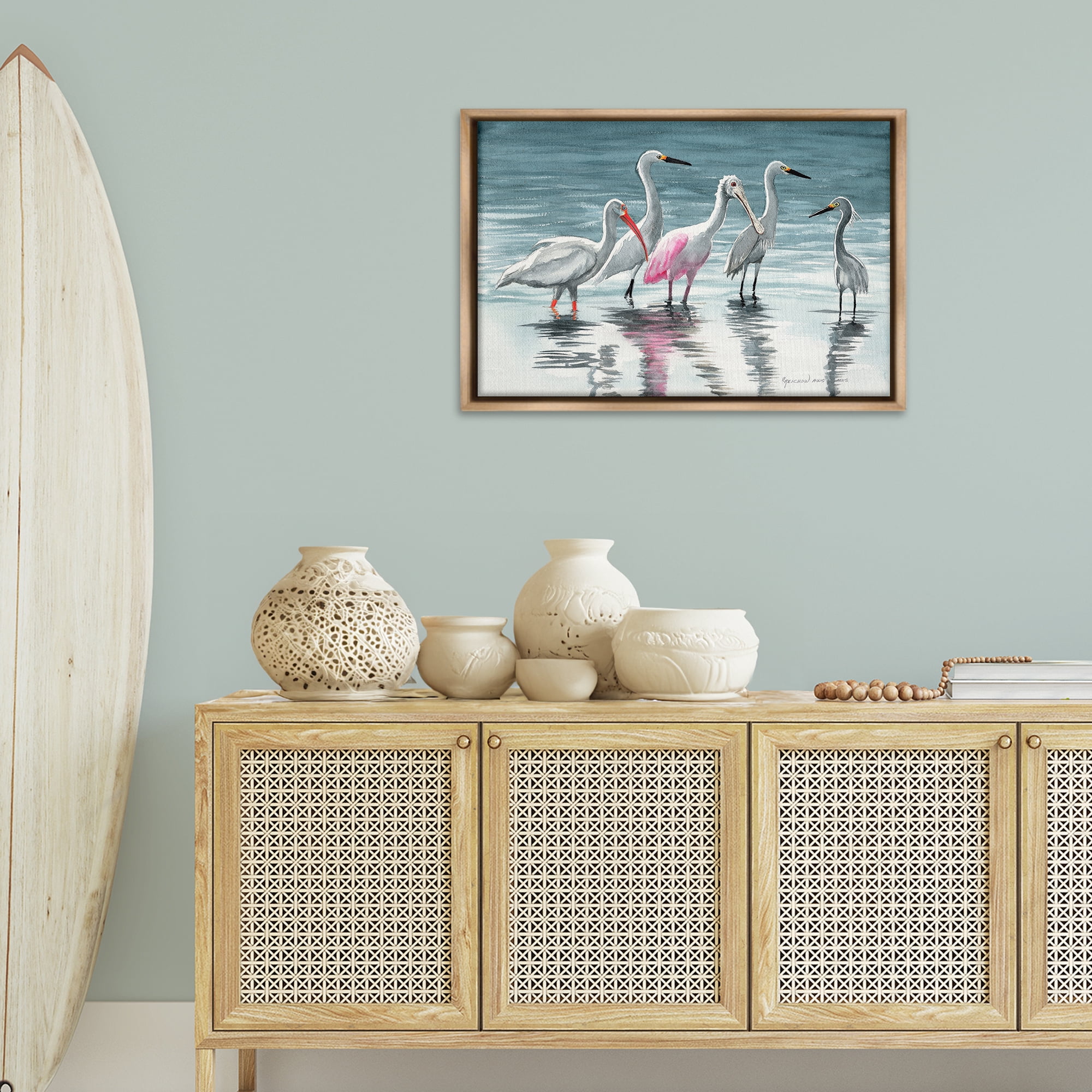 Stupell Industries Herons Stepping in Shore Animals & Insects Painting Brown Floater Framed Canvas Art Print Wall Art, 31 x 21