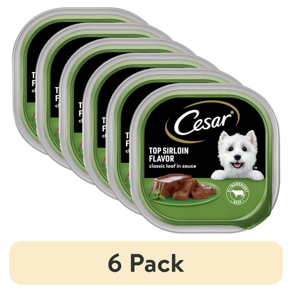 (6 pack) Cesar Loaf in Sauce Top Sirloin Flavor Adult Wet Dog Food, 3.5 oz Easy Peel Trays