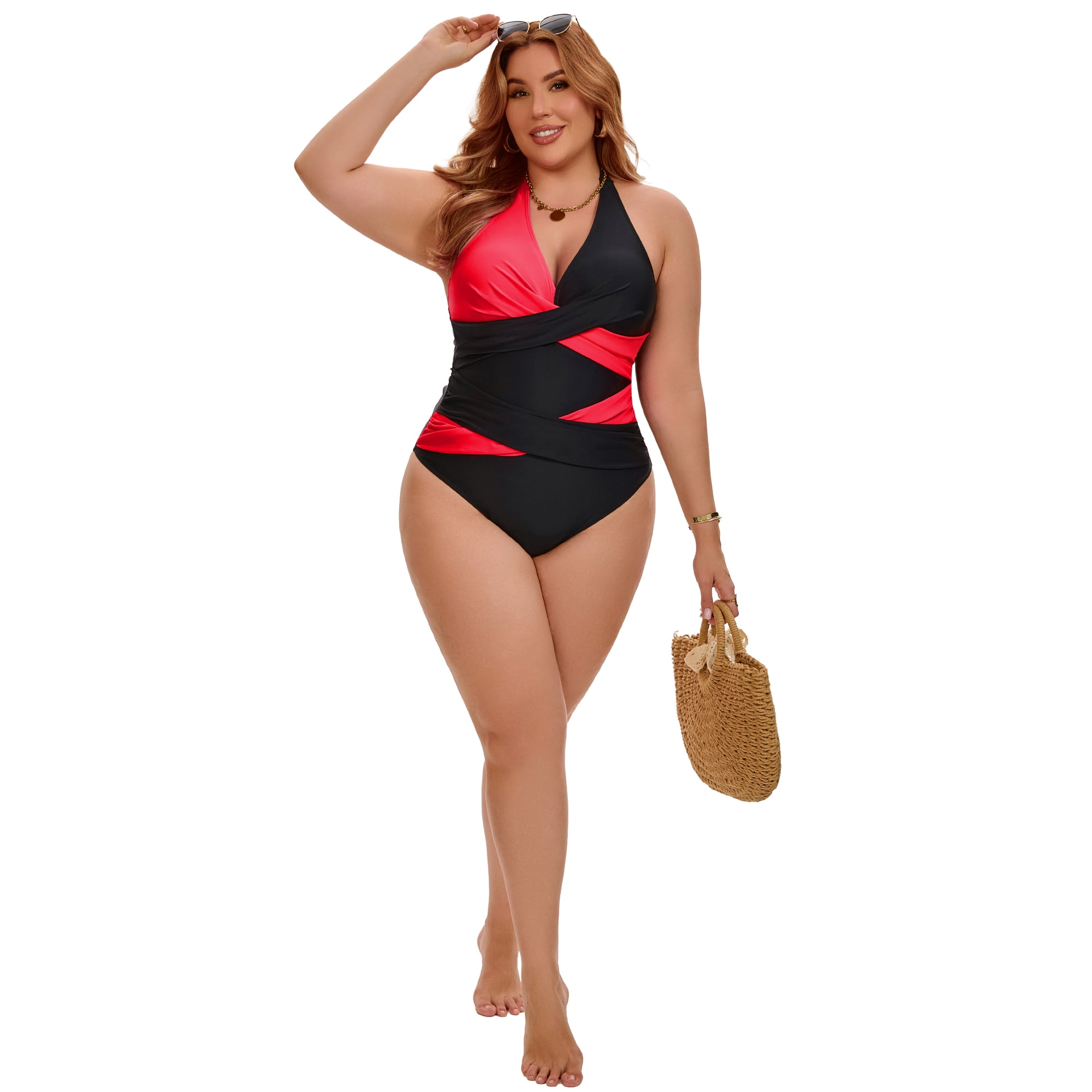 DARING DIVA Women's Plus Halter Criss Cross Backless 1 Piece Bathing Suit L Red
