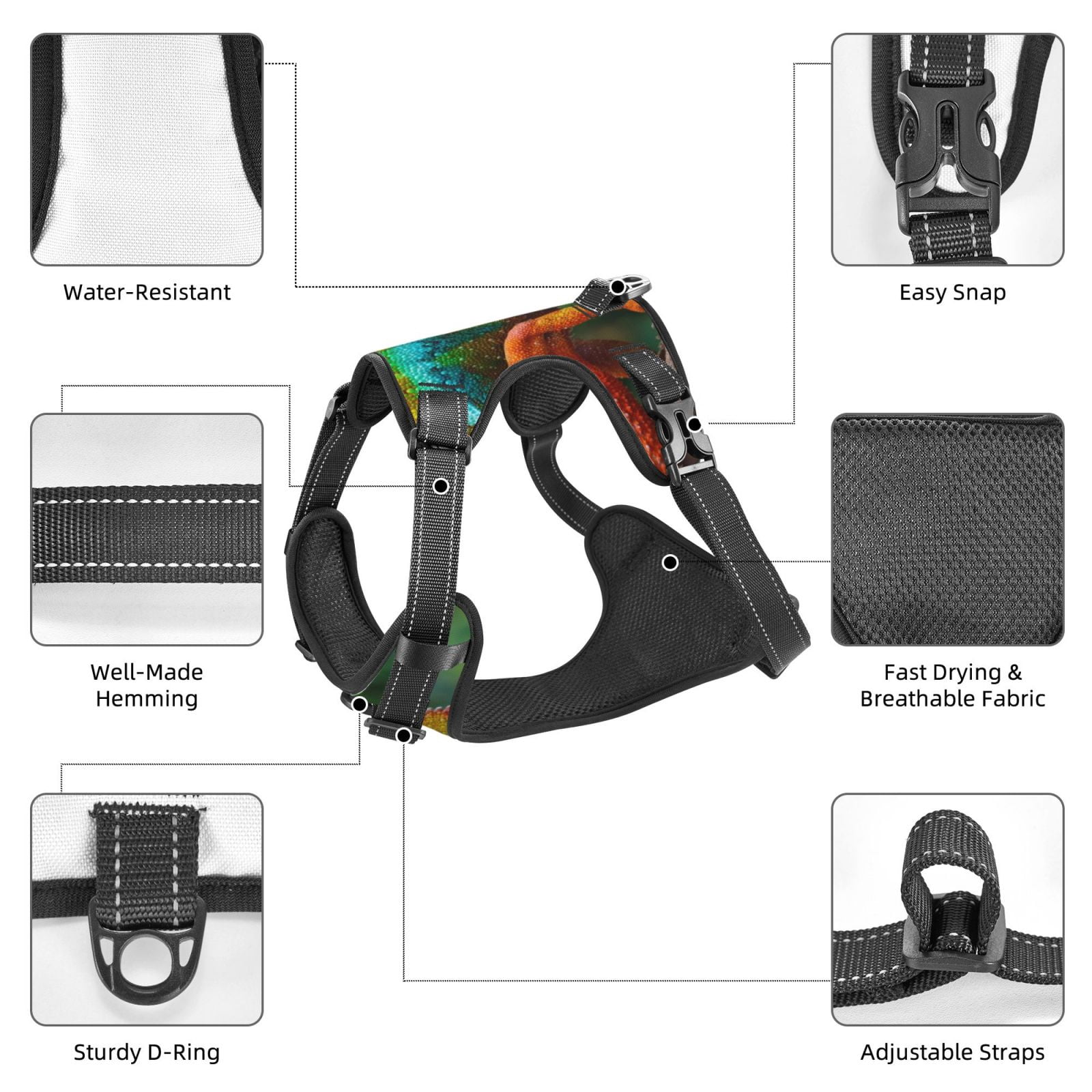 Fuzoiu Chameleon Print Reflective Dog Harness,Adjustable, Breathable Pet Vest,Dog Harness No Pull,No Choke Pet Vest for Small, Medium, and Large Dogs-Small