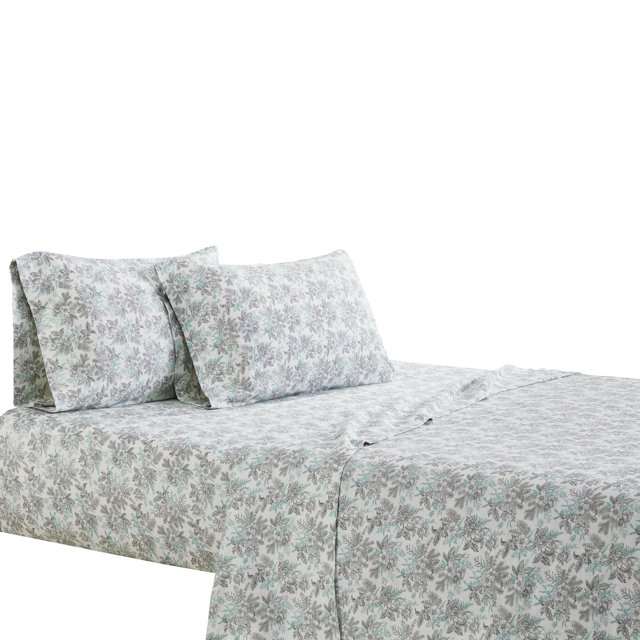 Juego de sábanas Kazan California King de 4 piezas con estampado floral The Urban Port, verde y blanco Benjara BM242855