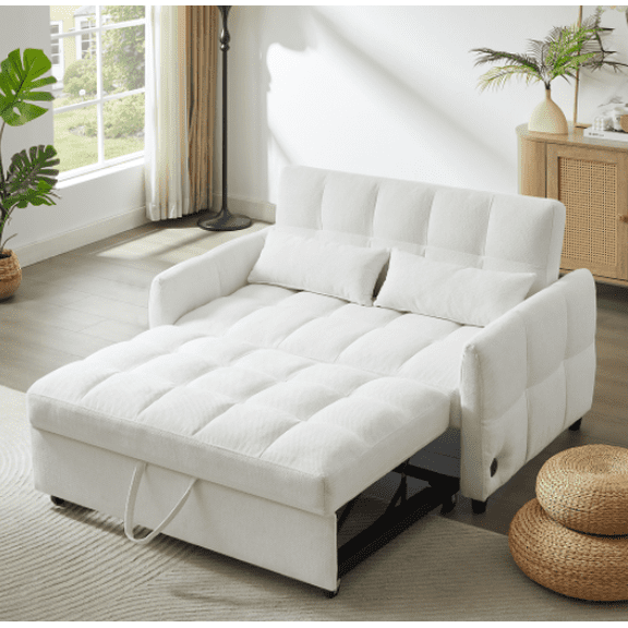 Euroco 52.8" Loveseat Sofa Pull-out Sofa Bed Tufted Sleeper Sofa with an Adjustable Backrest, Three USB Ports and Two Lumbar Pillows for Living Room