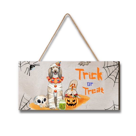 Trick or Treat Afghan Hound Funny Mummy Cosplay Pumpkin Candy Basket Landscape Wood Sign Dog Lover Hanging Wall Home Decor - 12016