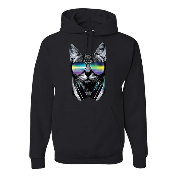 DJ Kitty Cat with Headphones | Mens Cat Lover Hooded Sweatshirt Graphic Hoodie, Black, Small
