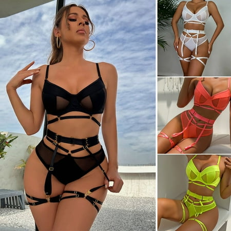 

Hopeup 1 Set Underwear Suit Mesh Patchwork Garter Solid Color Pornographic Soft Skinny Stretchy Women Bra Panties Set for Bedroom