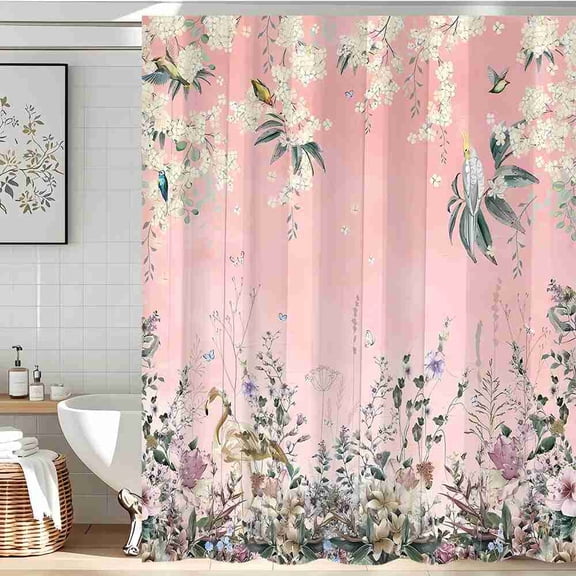 70x70 inch Pink Watercolor Floral Bird and Butterfly Shower Curtain, Waterproof Polyester Fabric with Hooks for Bathroom Decor