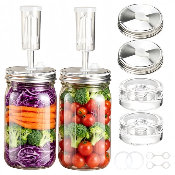 12-Piece Glass Fermentation Jar Set, 2 Pack Wide Mouth Mason Jars with Airlock Lids & Glass Weights, Complete Kit with Gaskets & Lid Lifter for Pickling, Kimchi, Kombucha & Fermented Foods