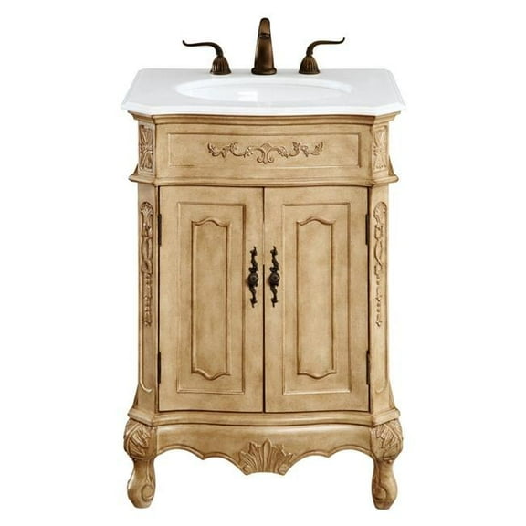 24 in. Single Bathroom Vanity with Ivory White Engineered Marble, Antique Beige