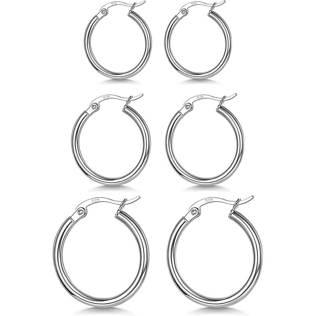3 pares de aretes de aro de plata de ley 925 - aretes de aro pequeños chapados en oro blanco para mujeres y niñas (13 mm, 15 mm, 20 mm, 25 mm, 30 mm, 40 mm, 50 mm, 60 mm) 3silver-15/