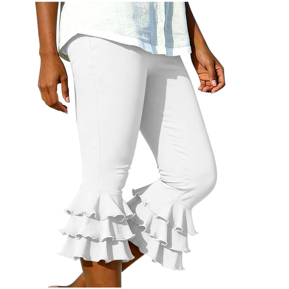 Ixbnca Yoga Pants for Women Stylish Tiered Ruffle Hem Capri Pants Stretchy Elastic Waist Knee Length Biker Leggings
